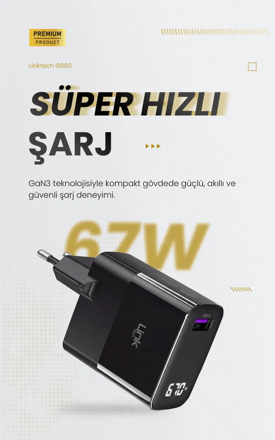 [市] QUAD LINK US7サイズ G860 Premium Tip-C Kablolu 67W Süper SI Şarj Adaptörü